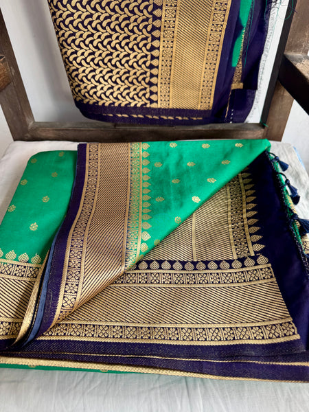 Green and Navy Blue Tussar Silk Saree