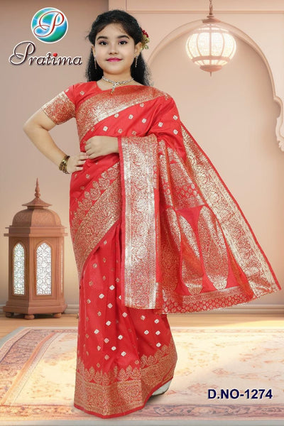 Girl's Ethnic Annaprashan Bengali style Banarasi Red Ready to Wear Pre-stitched Saree