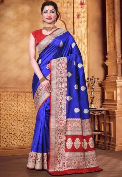 Pure Katan Silk Handloom Saree in Royal Blue and Red