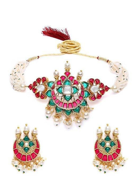 Pink & Green Meenakari Multi strand Pearls Choker Necklace & Earring Set