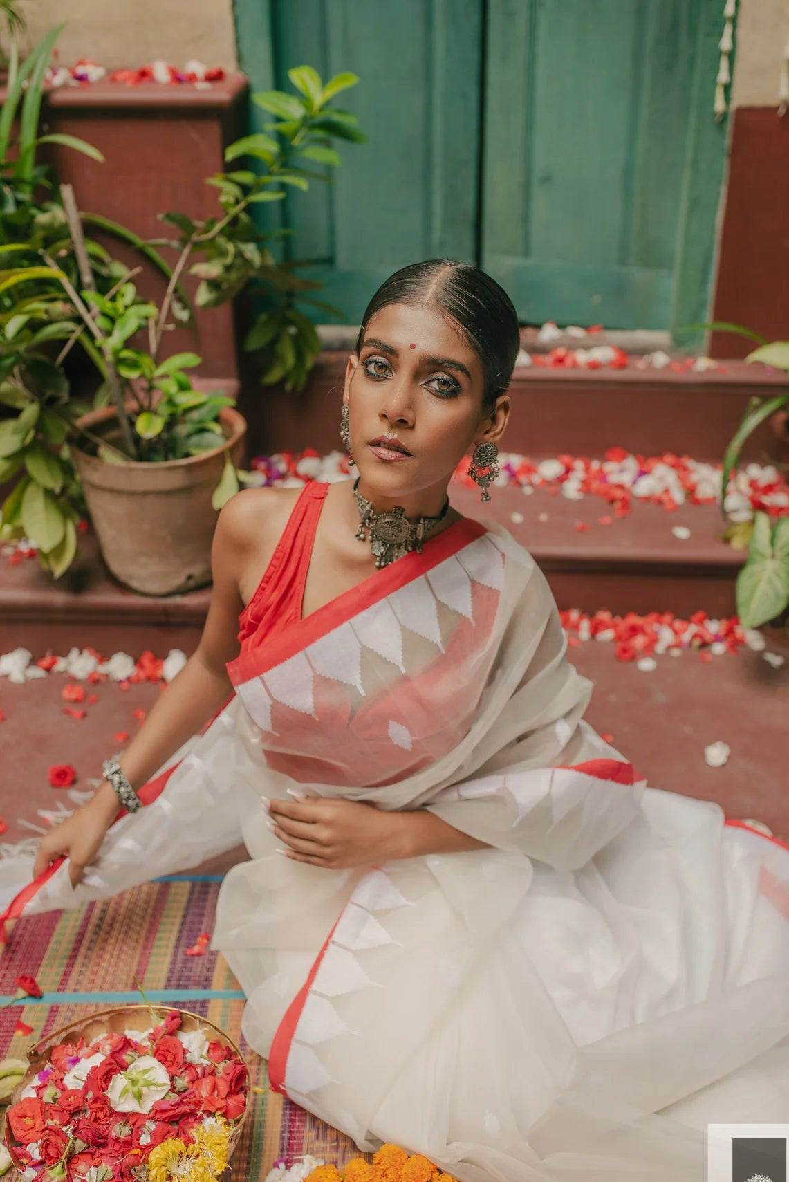 Red and White Handloom Silk Saree