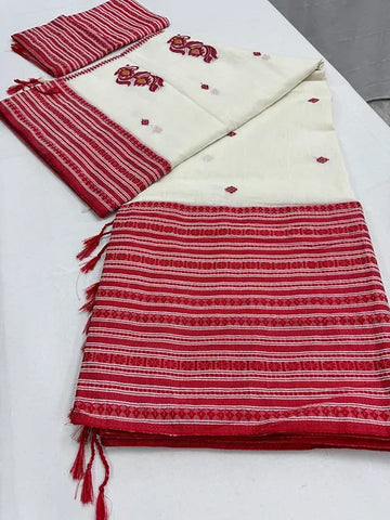 Bengali Soft Cotton Saree in Off White and Red with Nakshi Border