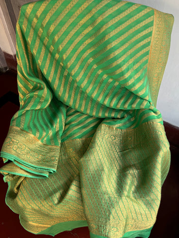 Pastel Green and Gold Pure Khaddi Chiffon Saree