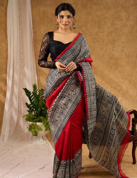 MAROON PURE SILK INTRICATE HAND BLOCK PRINTED SAREE