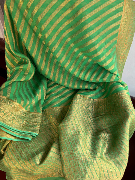 Pastel Green and Gold Pure Khaddi Chiffon Saree