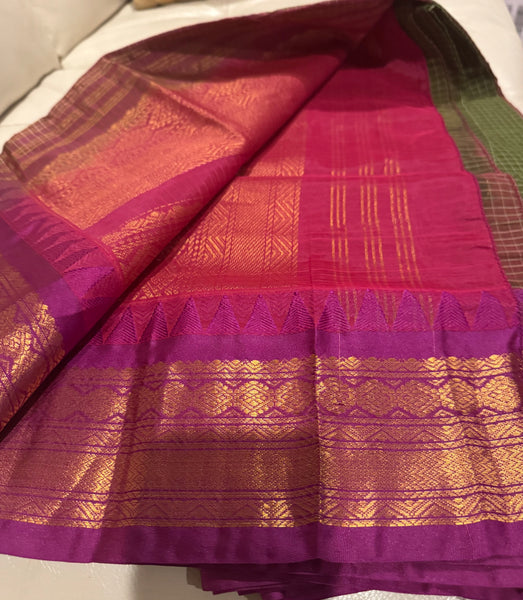 Pure Cotton Forest Green and Purple Magenta Gadwal Saree