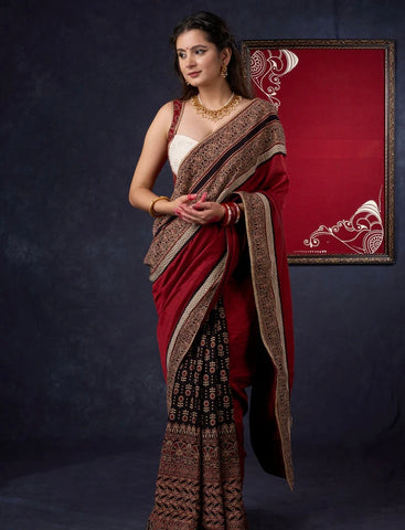 COMBINATION OF BLOCK PRINTED COTTON AJRAKH PLEATS & PURE TASSAR SILK SAREE WITH AJRAKH BORDER