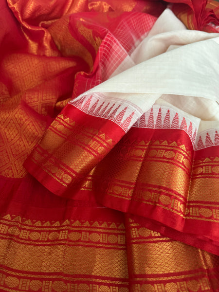 White and Red Cotton Gadhwal Saree