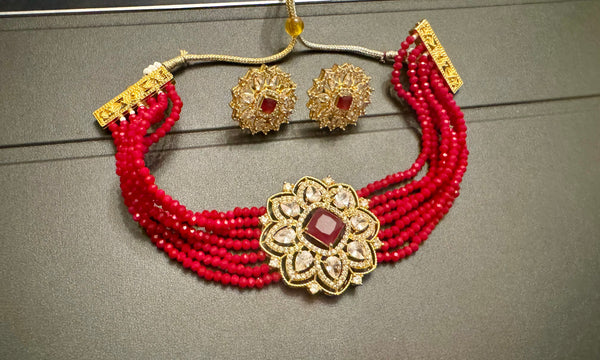 Red Kundan Garnet Choker with Earrings