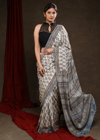 FAKIRA PRINT CREAM & LIGHT BLUE MODAL SAREE