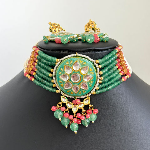 Multi Green Jadau Kundan Choker and Earring Set