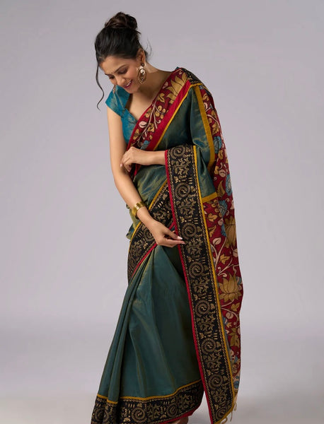 Green Shaded Tissue saree with Hand Painted Kalamkari pallu