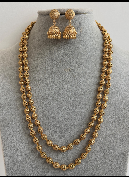 Double Layered Gold Matar Mala Necklace Strand with Earrings