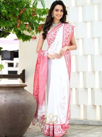 White and Red Handloom Cotton Saree