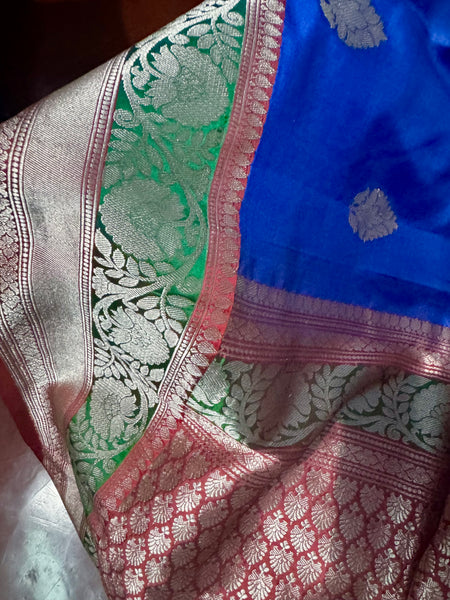 Pure Katan Silk Handloom Saree in Royal Blue and Red