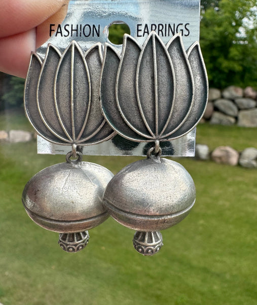 Antique silver look alike German Silver oxidized Lotus earrings