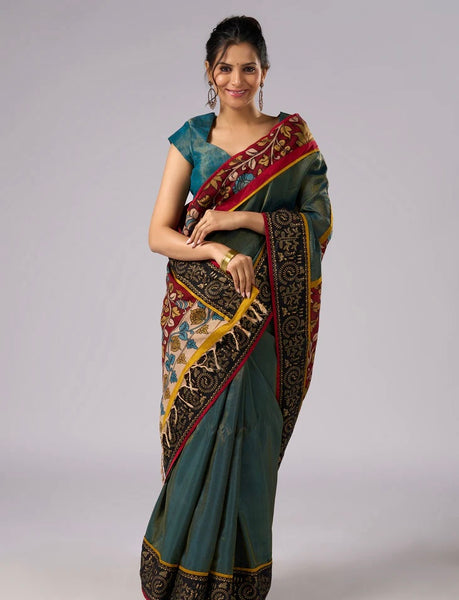 Green Shaded Tissue saree with Hand Painted Kalamkari pallu