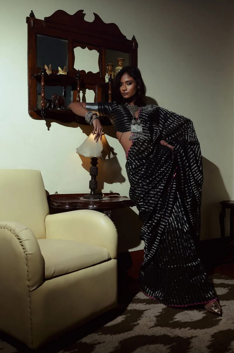 Black Handloom Cotton Saree with Zari Stripes and Scalloped Border