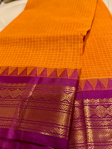 Pure Cotton Orange and Purple Magenta Gadwal Saree