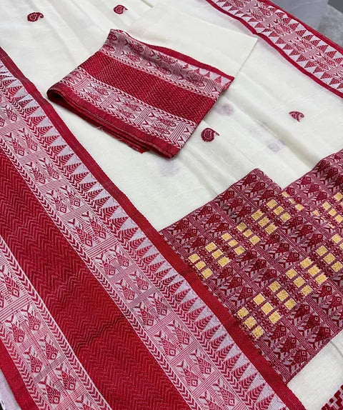 Fish Motif Bengali Soft Cotton Saree in Off White and Red