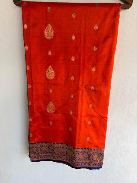 Pure Katan Silk Handloom Saree in Orange and Royal Blue