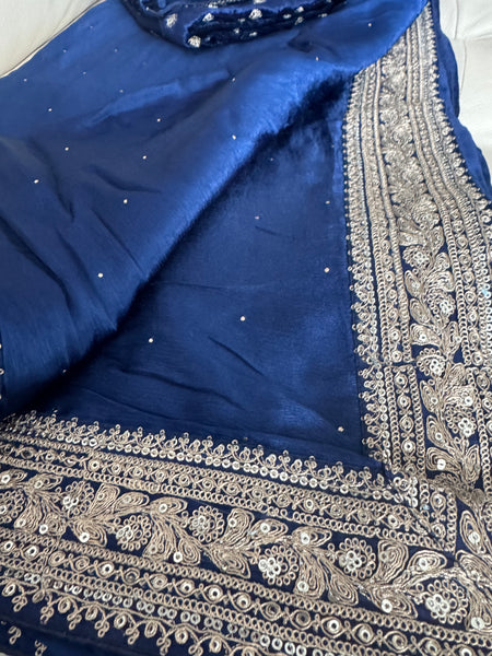 Deep Midnight Blue Satin Mukesh Work Saree with Antique Zari Embroidery