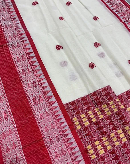 Fish Motif Bengali Soft Cotton Saree in Off White and Red