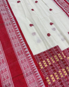 Fish Motif Bengali Soft Cotton Saree in Off White and Red