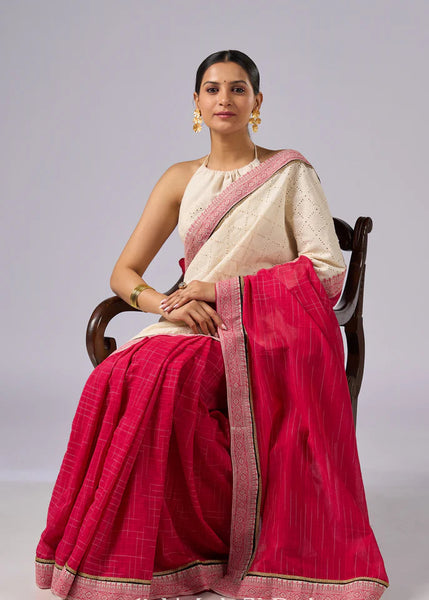 Off white haakoba cotton saree with bright chequered pink combination