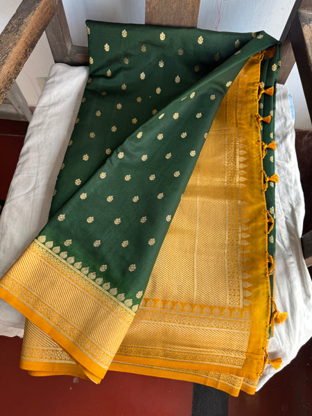 Forest Green and Yellow Soft Tussar Silk Saree