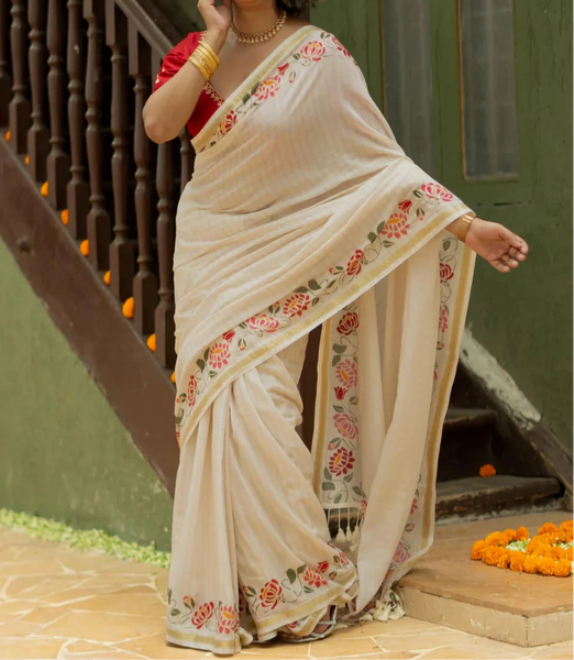 Off White And Gold Cotton Viscose Printed Saree With Floral Border