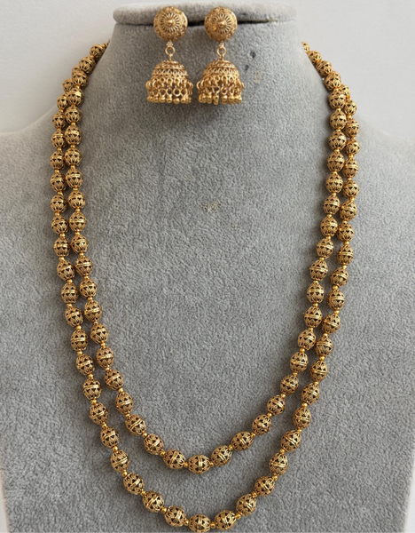 Double Layered Gold Matar Mala Necklace Strand with Earrings