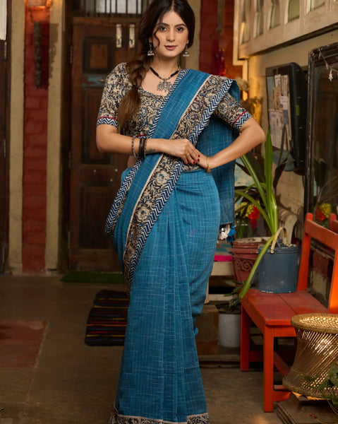 TEAL BLUE COTTON SAREE WITH KALAMKARI AND INDIGO BORDERS