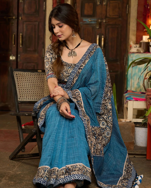 TEAL BLUE COTTON SAREE WITH KALAMKARI AND INDIGO BORDERS