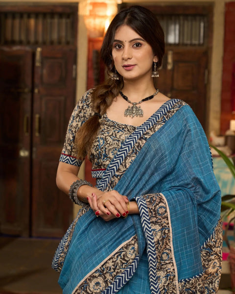 TEAL BLUE COTTON SAREE WITH KALAMKARI AND INDIGO BORDERS