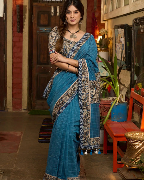 TEAL BLUE COTTON SAREE WITH KALAMKARI AND INDIGO BORDERS