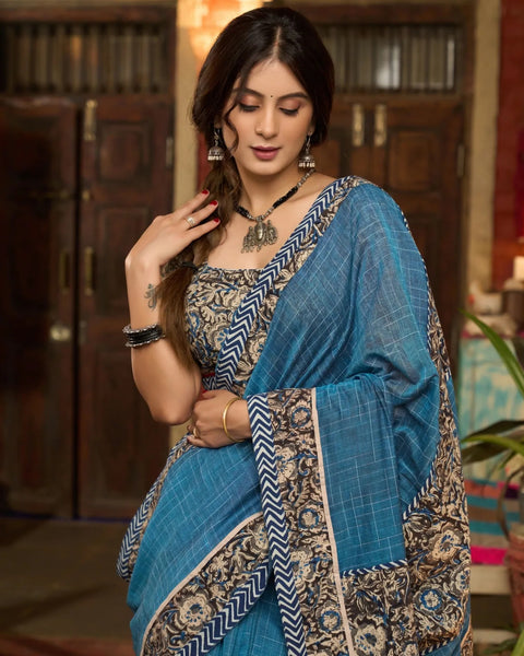 TEAL BLUE COTTON SAREE WITH KALAMKARI AND INDIGO BORDERS