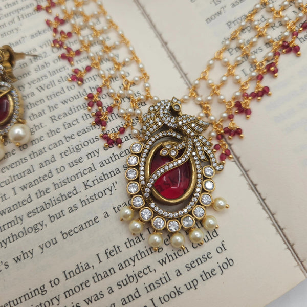 Victorian polki necklace with earrings in Red Color