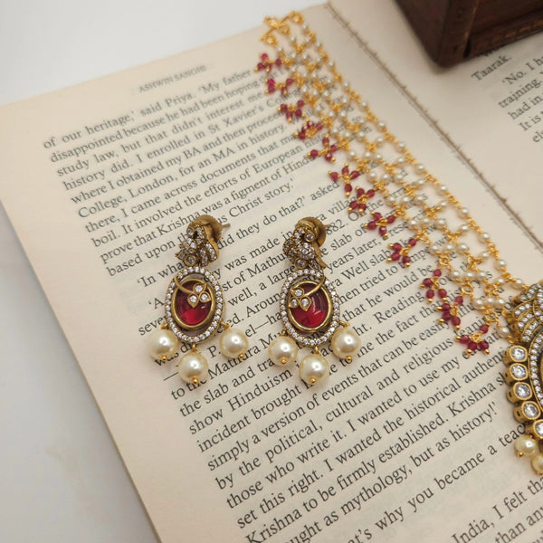 Victorian polki necklace with earrings in Red Color