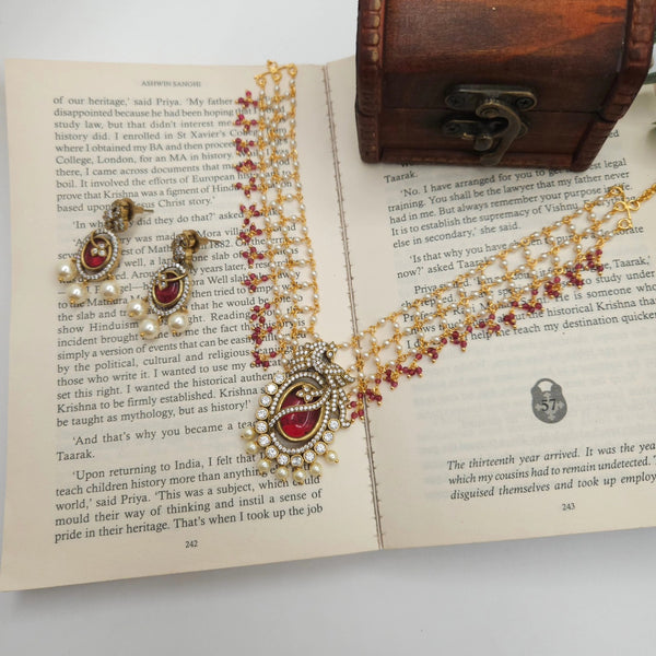 Victorian polki necklace with earrings in Red Color