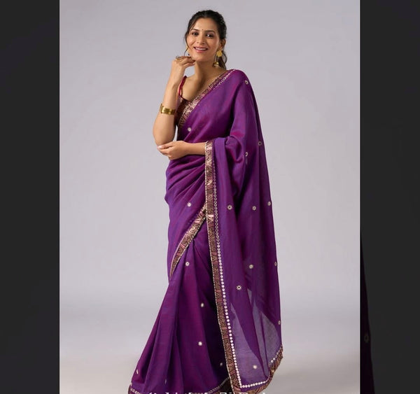 Vi]olet cotton two tone saree with hand embroidery and Benarasi border