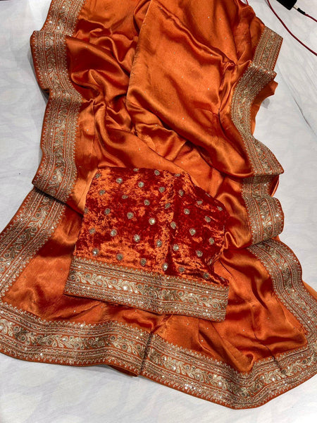 Orange Satin Mukaish Work Saree with Antique Zari Embroidery