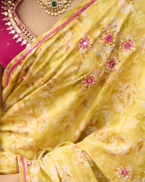 Yellow Floral Printed Saree