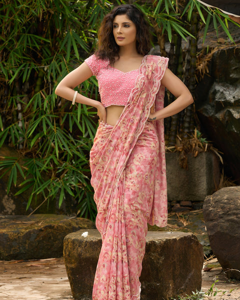 Blush Pink Floral Printed Saree