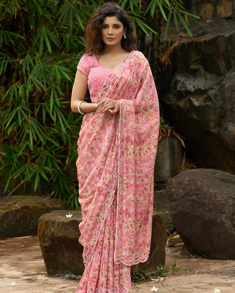 Blush Pink Floral Printed Saree