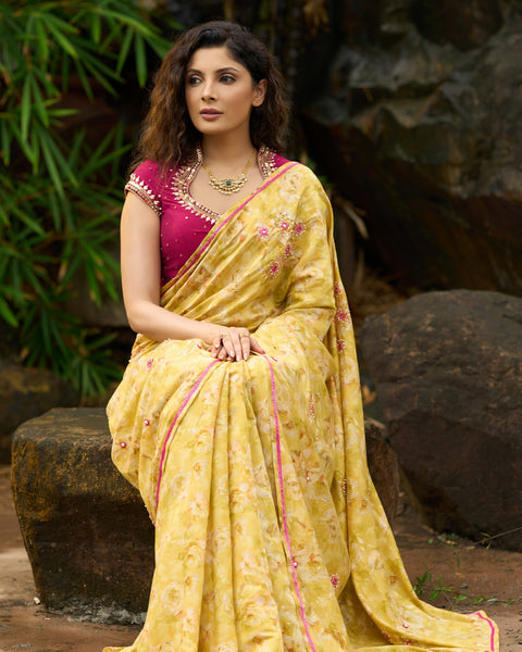 Yellow Floral Printed Saree