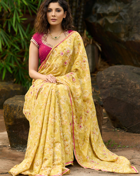 Yellow Floral Printed Saree