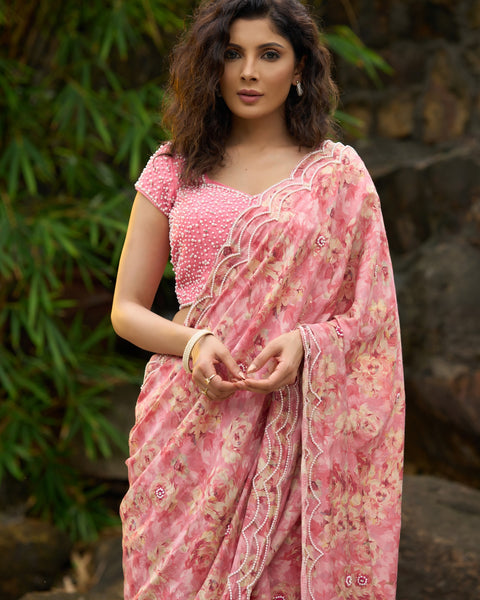 Blush Pink Floral Printed Saree