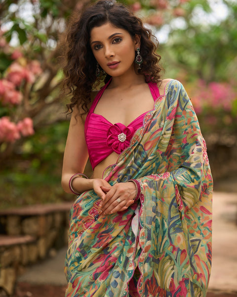 Multicolor floral print saree