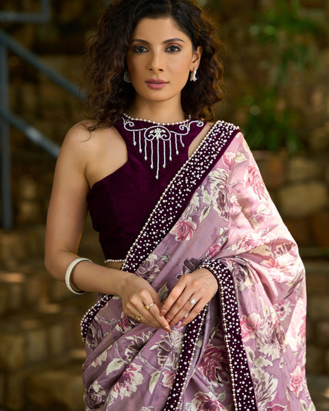 Purple Floral Printed Saree